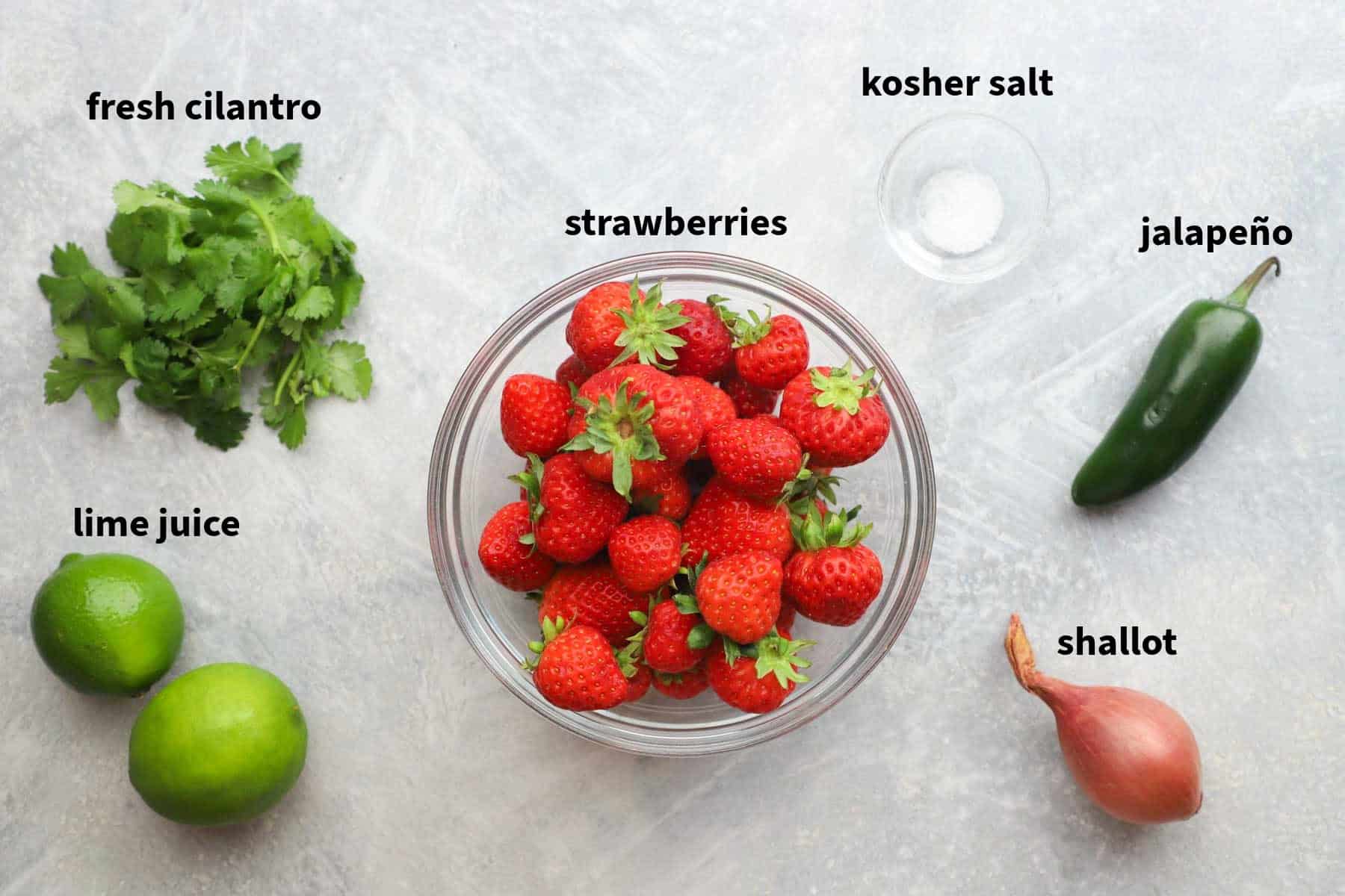 ingredients used to make strawberry salsa pictured and labelled