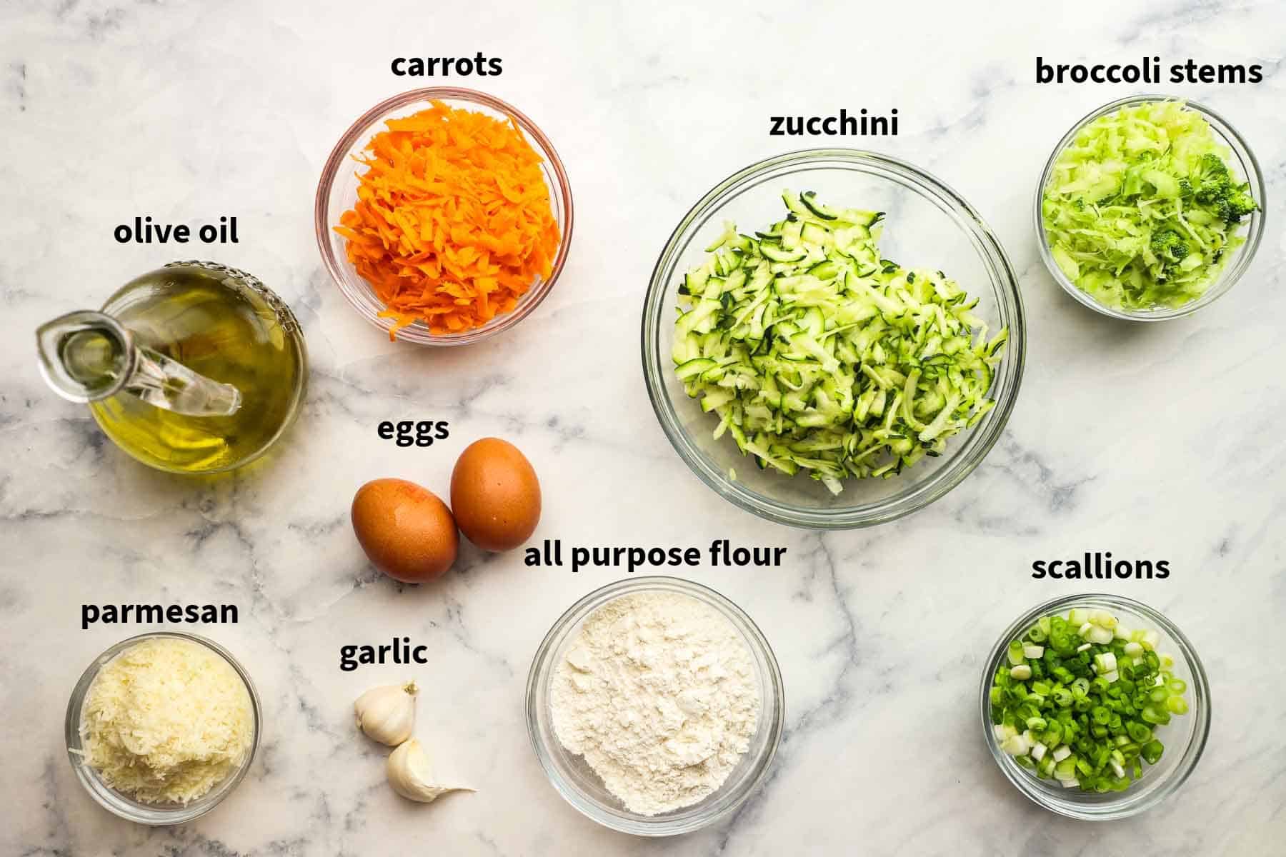 ingredients used to make vegetable fritters pictured and labelled