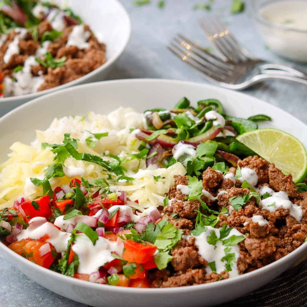 a rice bowl with ground beef, pico de gallo, sour cream, and cheese.