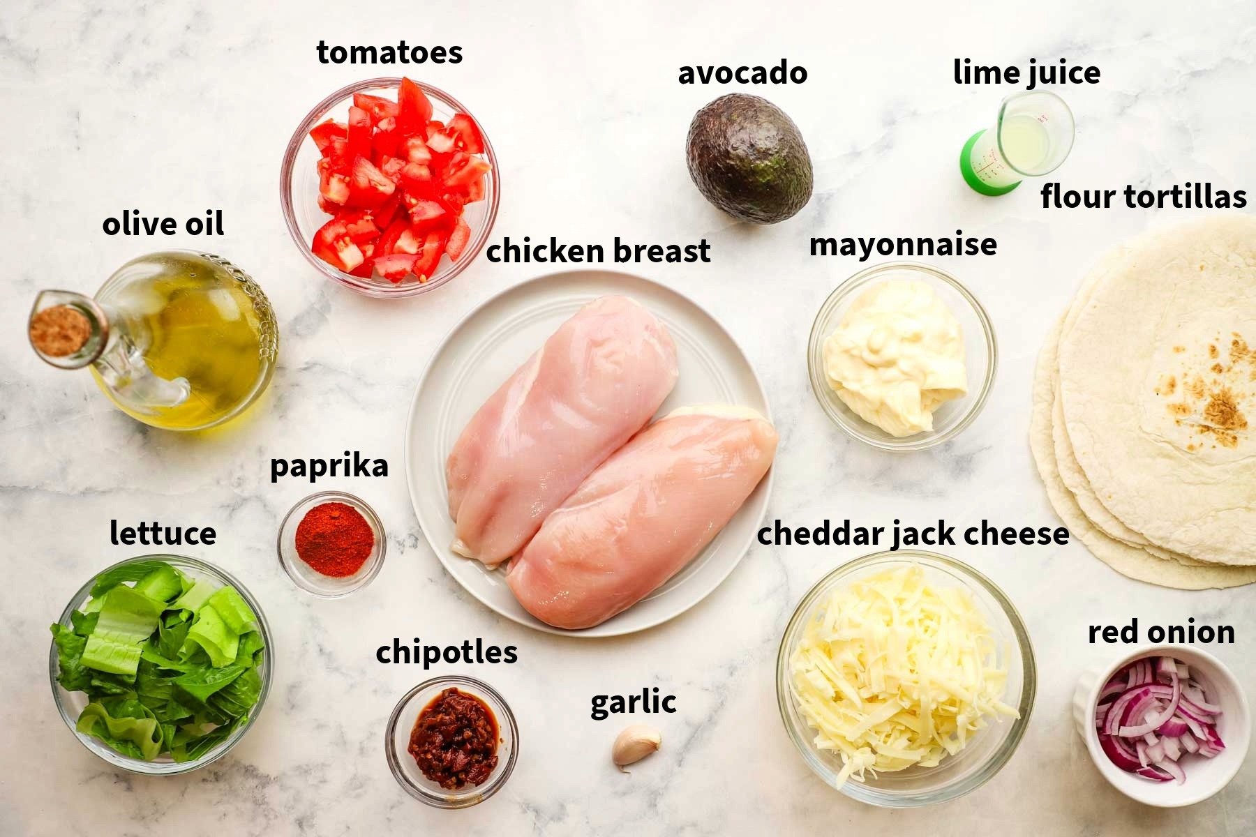 ingredients used to make grilled chicken wraps pictured and labelled