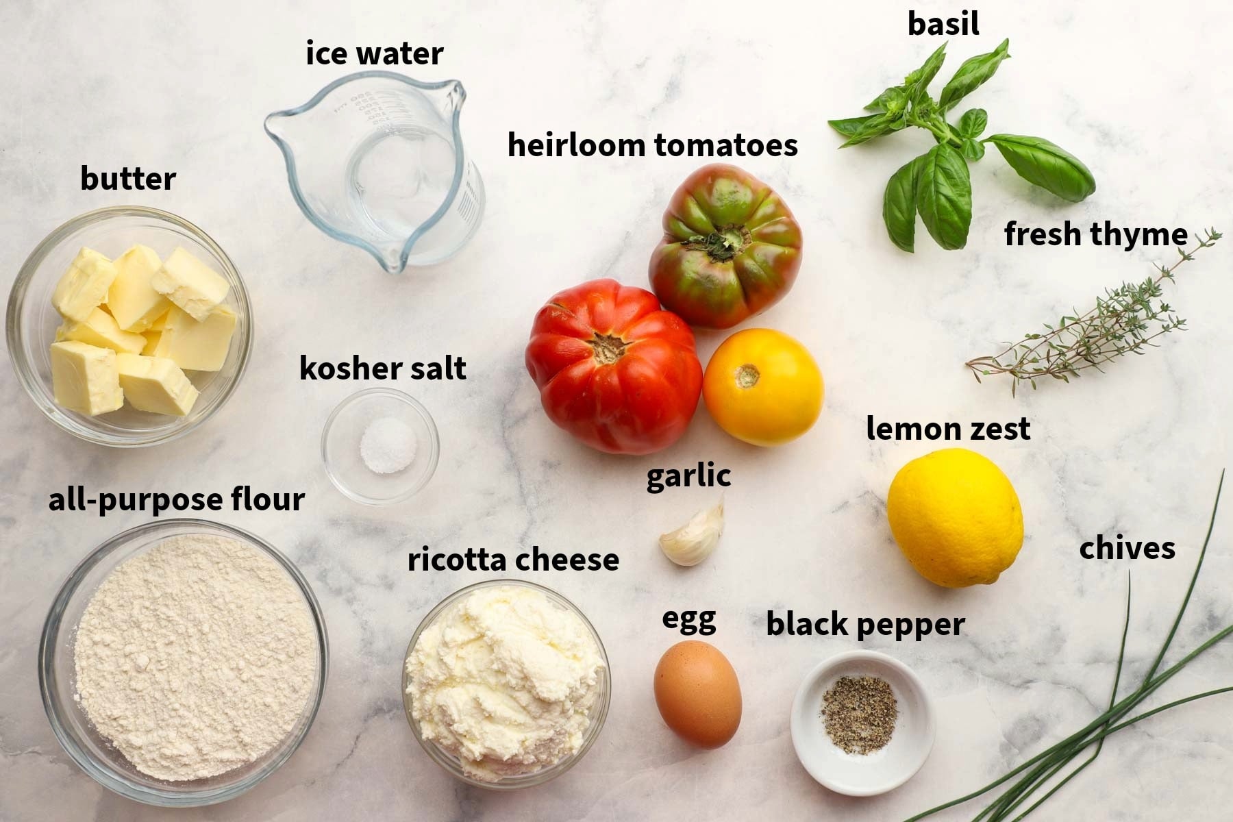 ingredients used to make heirloom tomato tart
