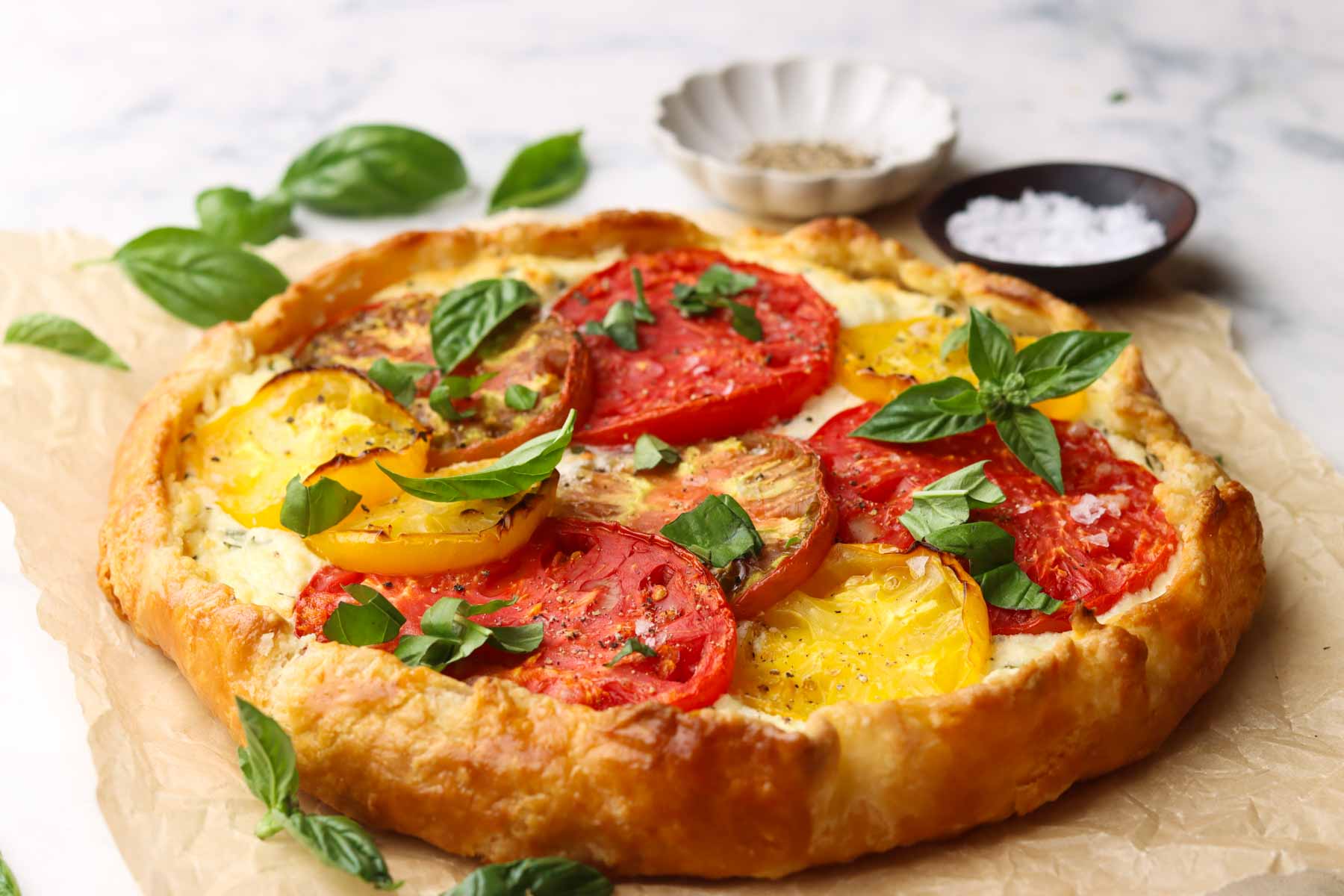 heirloom tomato tart on a cutting board