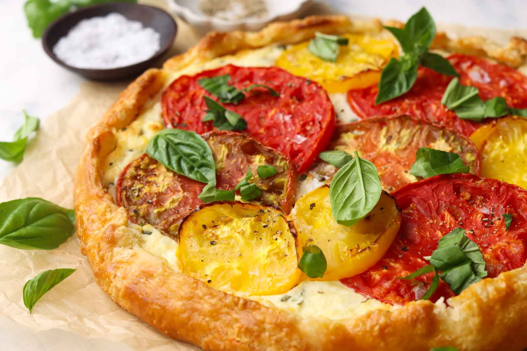 heirloom tomato tart on a cutting board