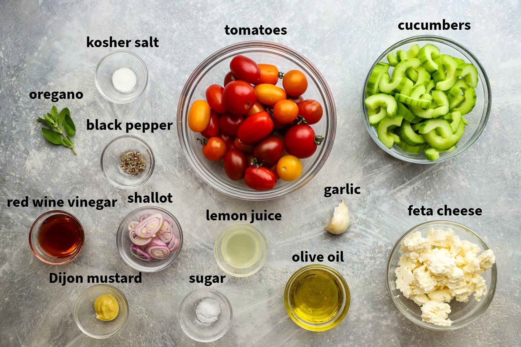 ingredients used to make tomato cucumber and feta salad
