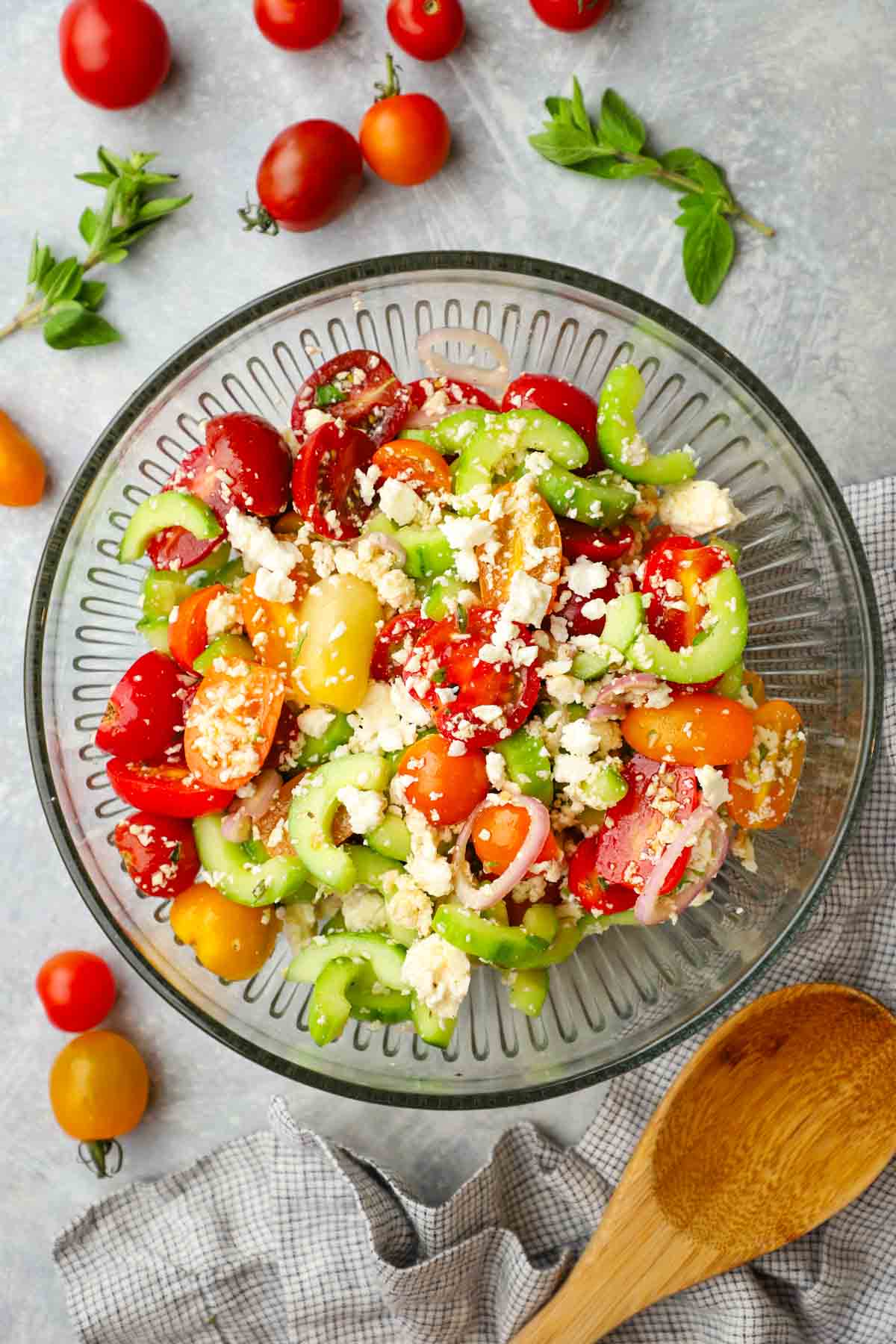 tomato cucumber and feta salad in a bowl