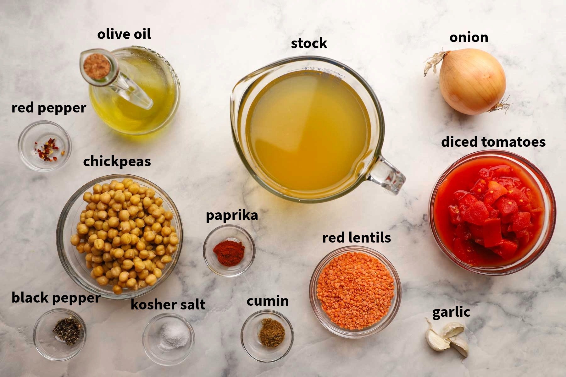 ingredients used to make lentil and chickpea soup pictured and labelled