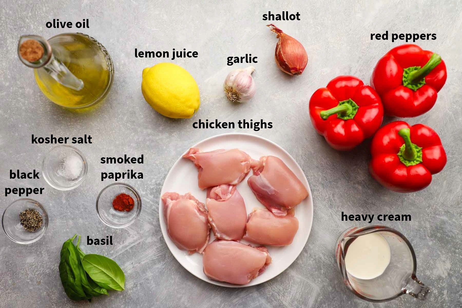ingredients used to make roasted red pepper chicken pictured and labelled