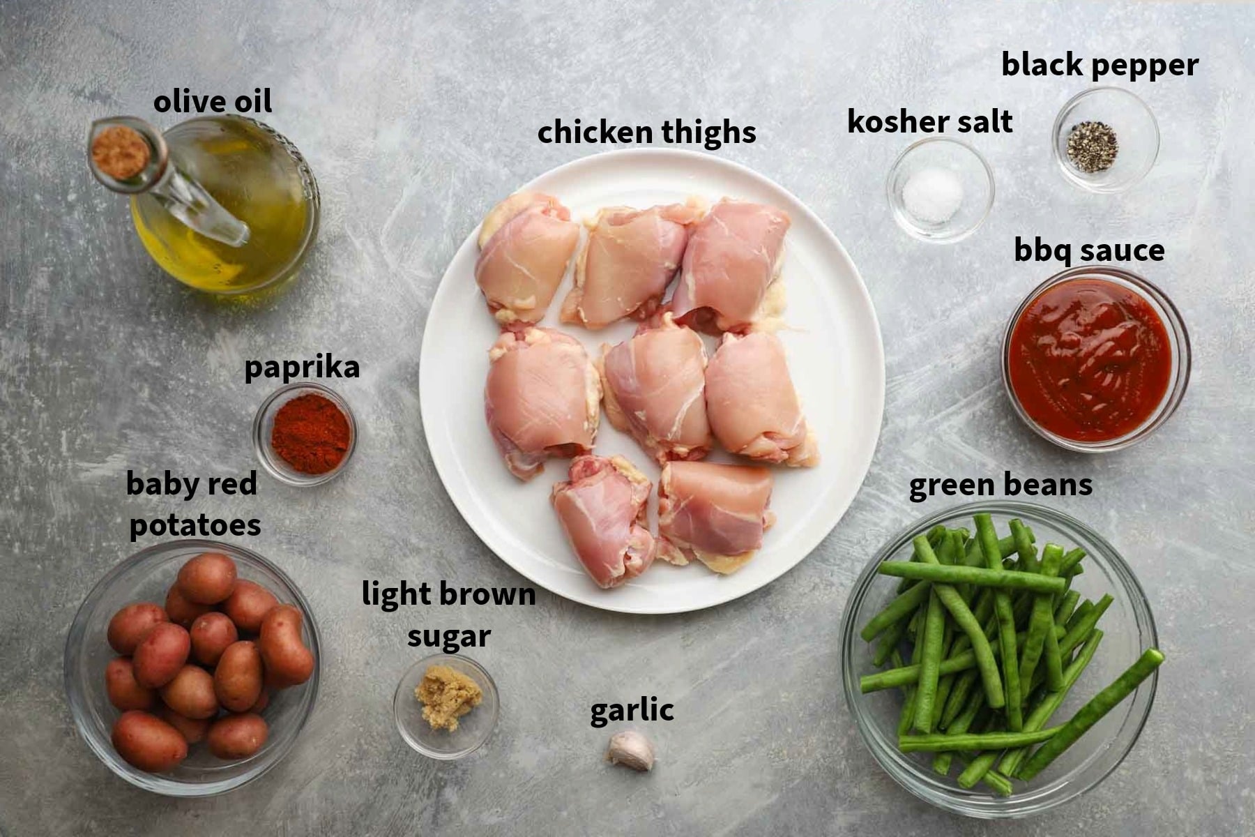 ingredients used to make bbq sheet pan chicken pictured and labelled
