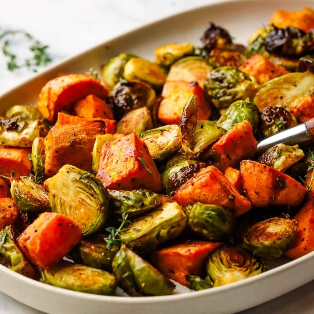 a dish with roasted Brussel sprouts and sweet potatoes with a spoon in it