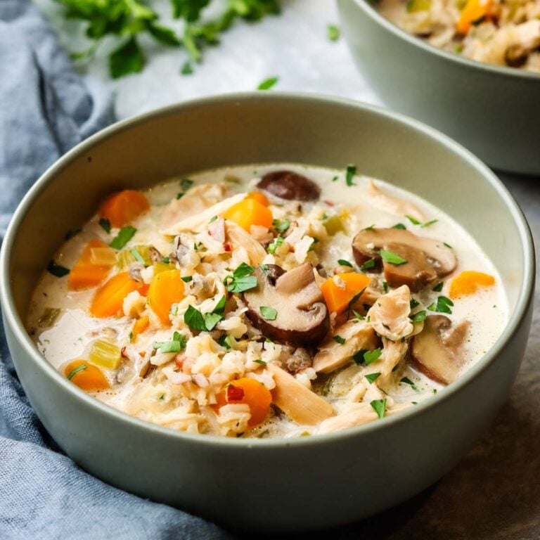a bowl of turkey and wild rice soup