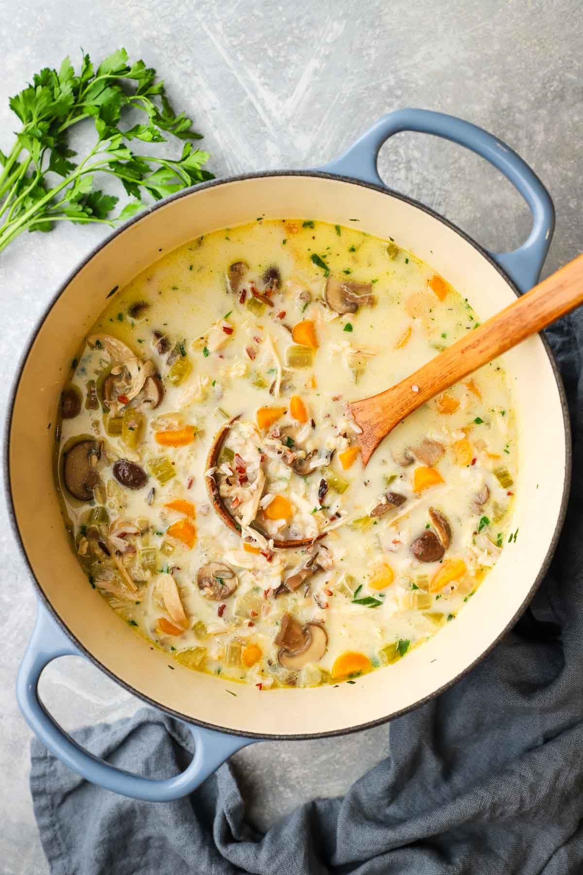 overhead view of a pot of turkey and wild rice soup with a laddle in it