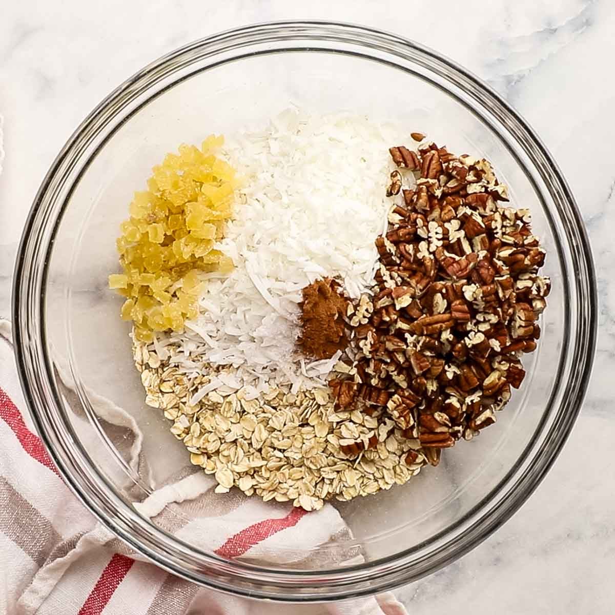 a bowl with rolled oats, shredded coconut, pecans, crystallized ginger, salt, and cinnamon