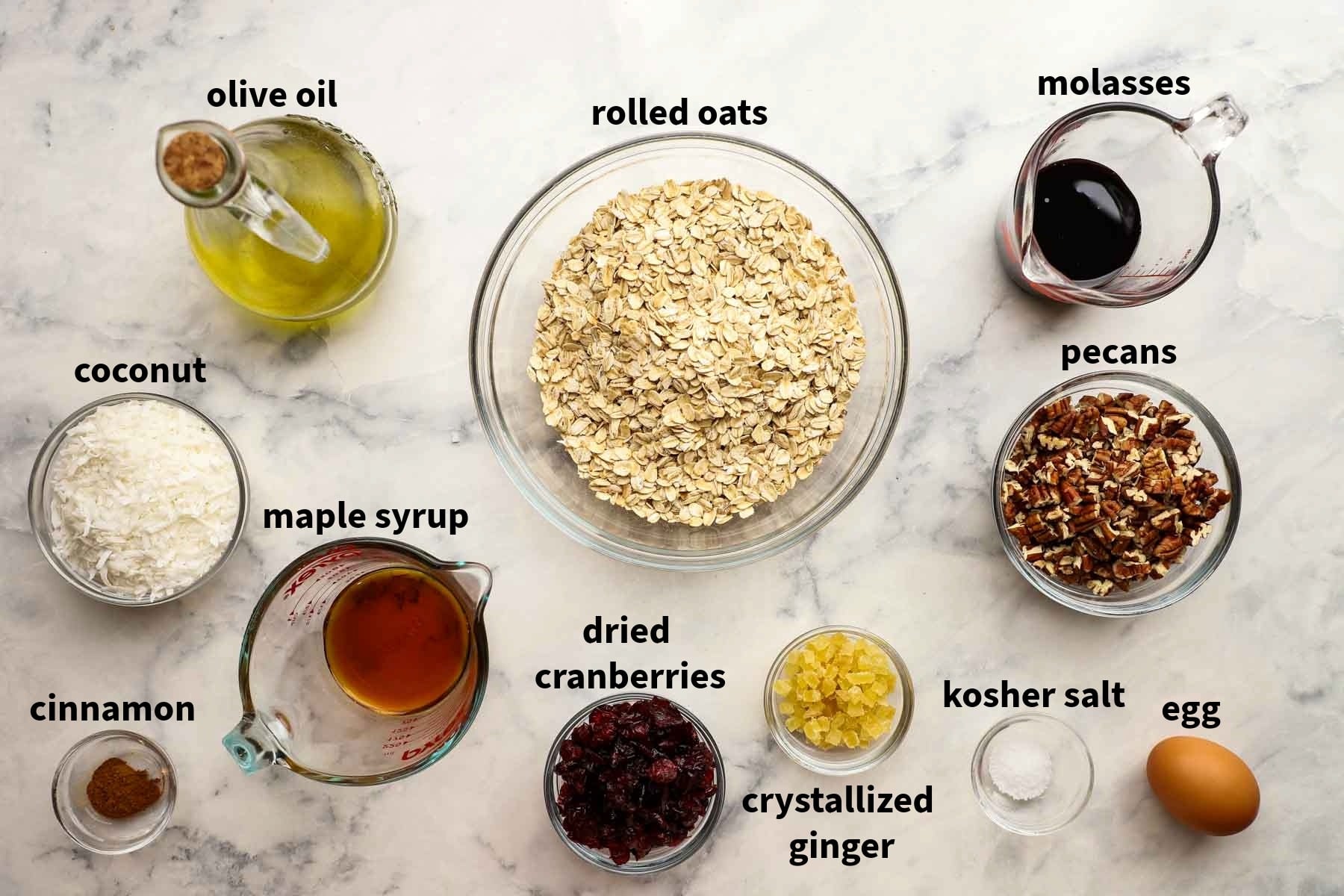 ingredients used to make gingerbread granola pictured and labelled