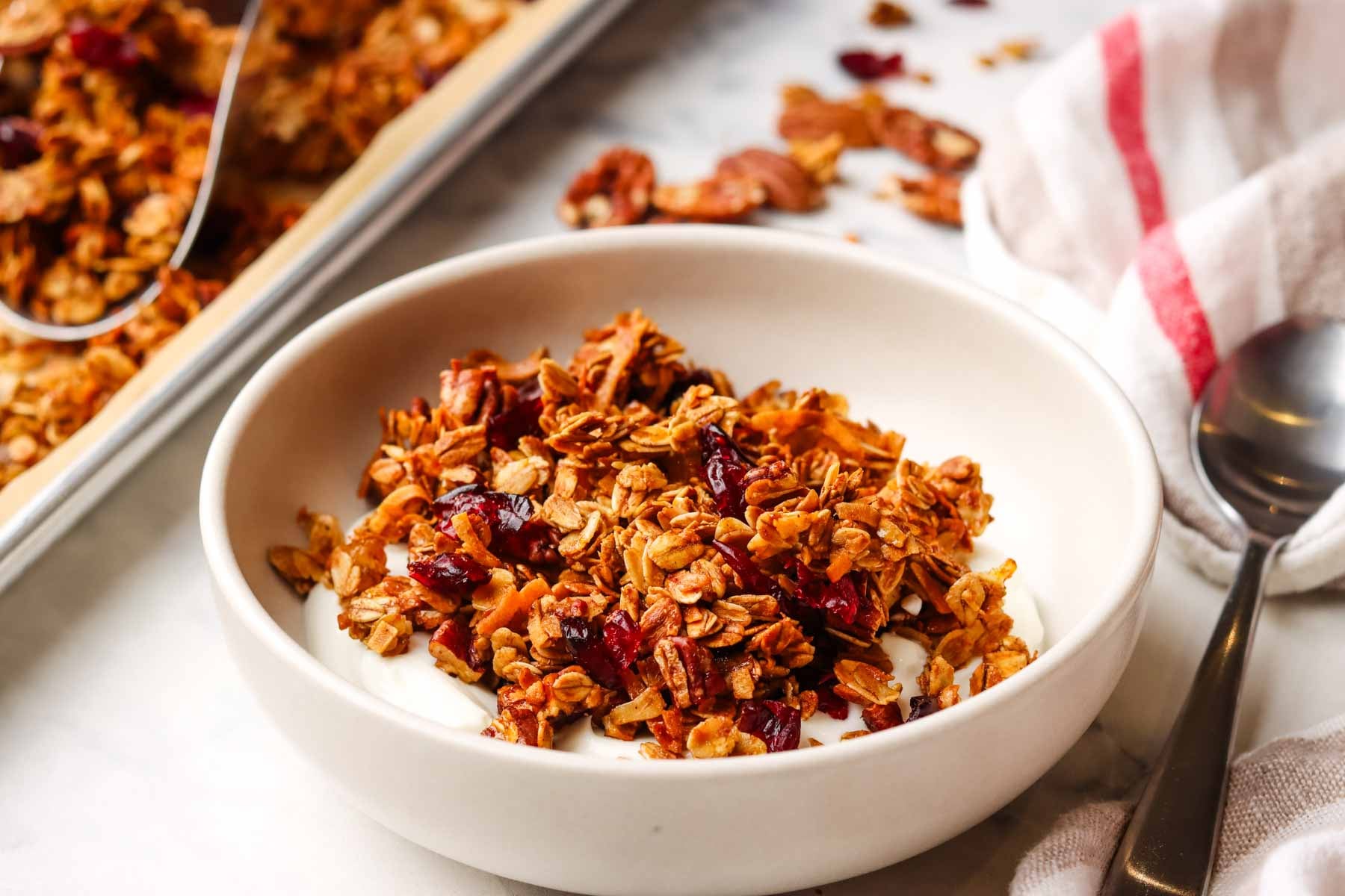 gingerbread granola in a bowl of yogurt