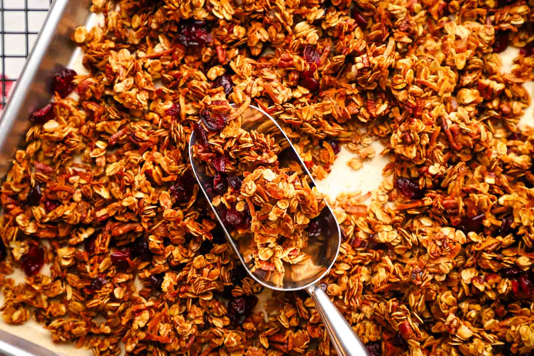 overhead view of a baking dish with gingerbread granola