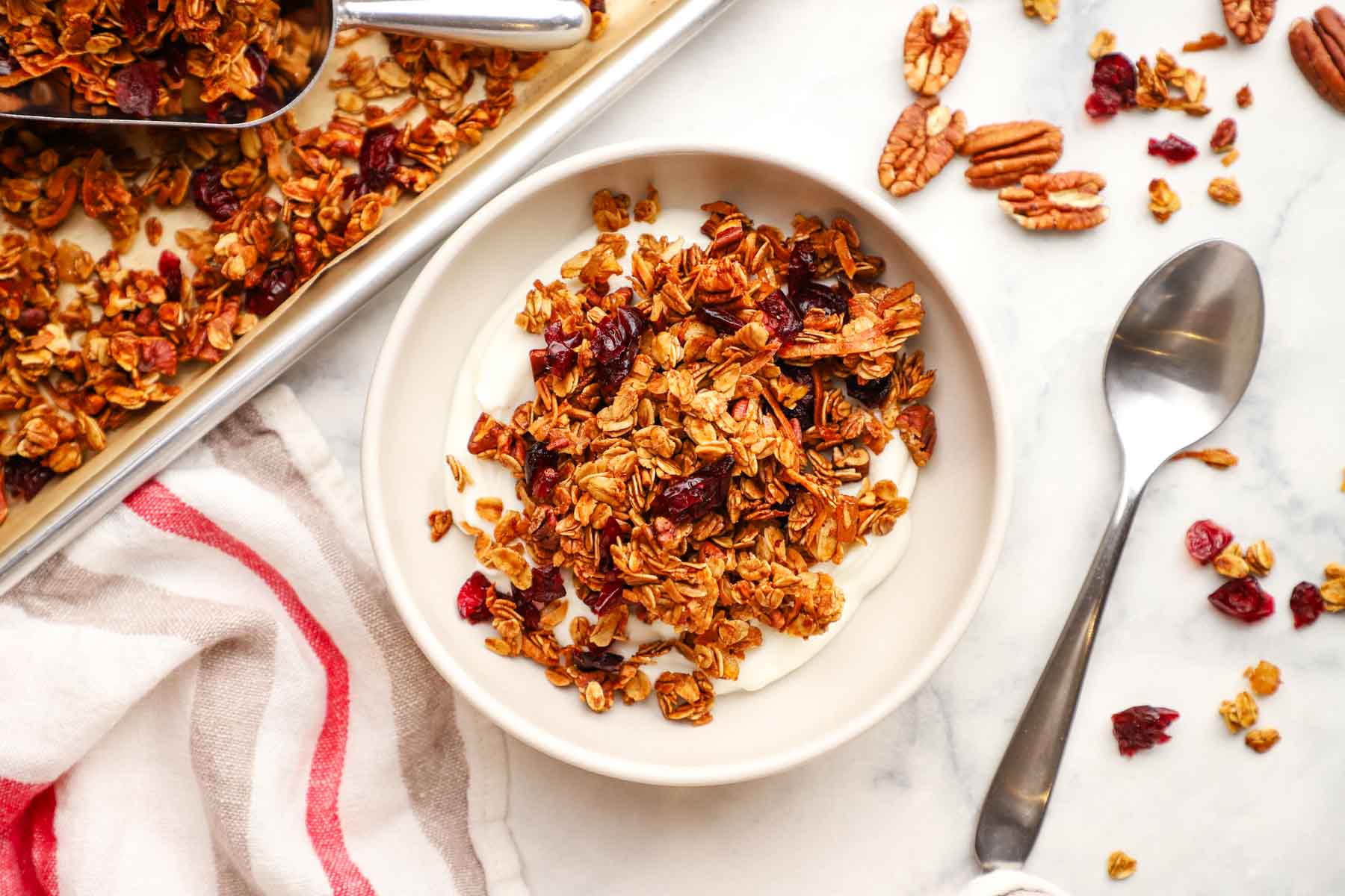 overhead view of a bowl of yogurt served with gingerbread granola