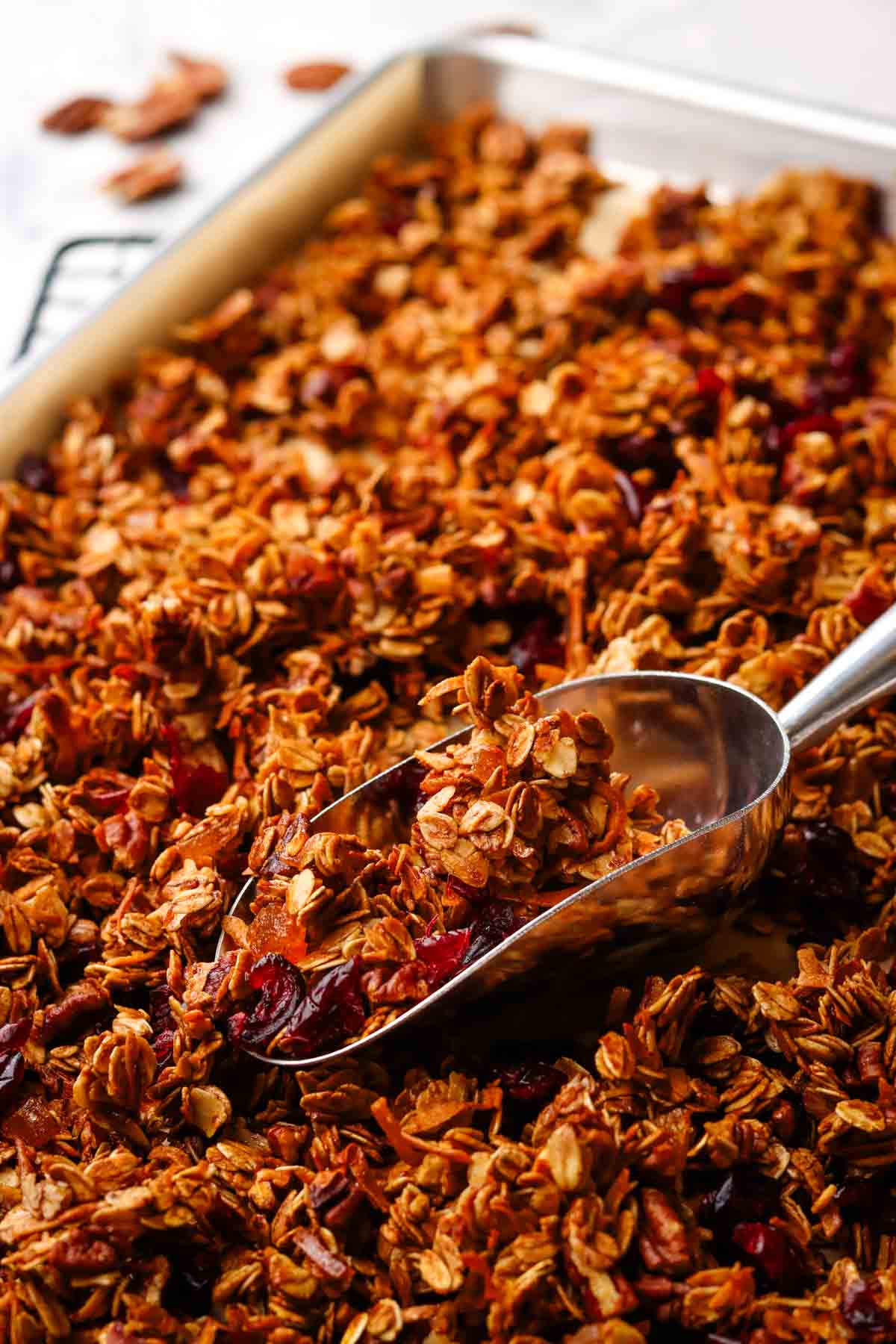gingerbread granola on a baking sheet