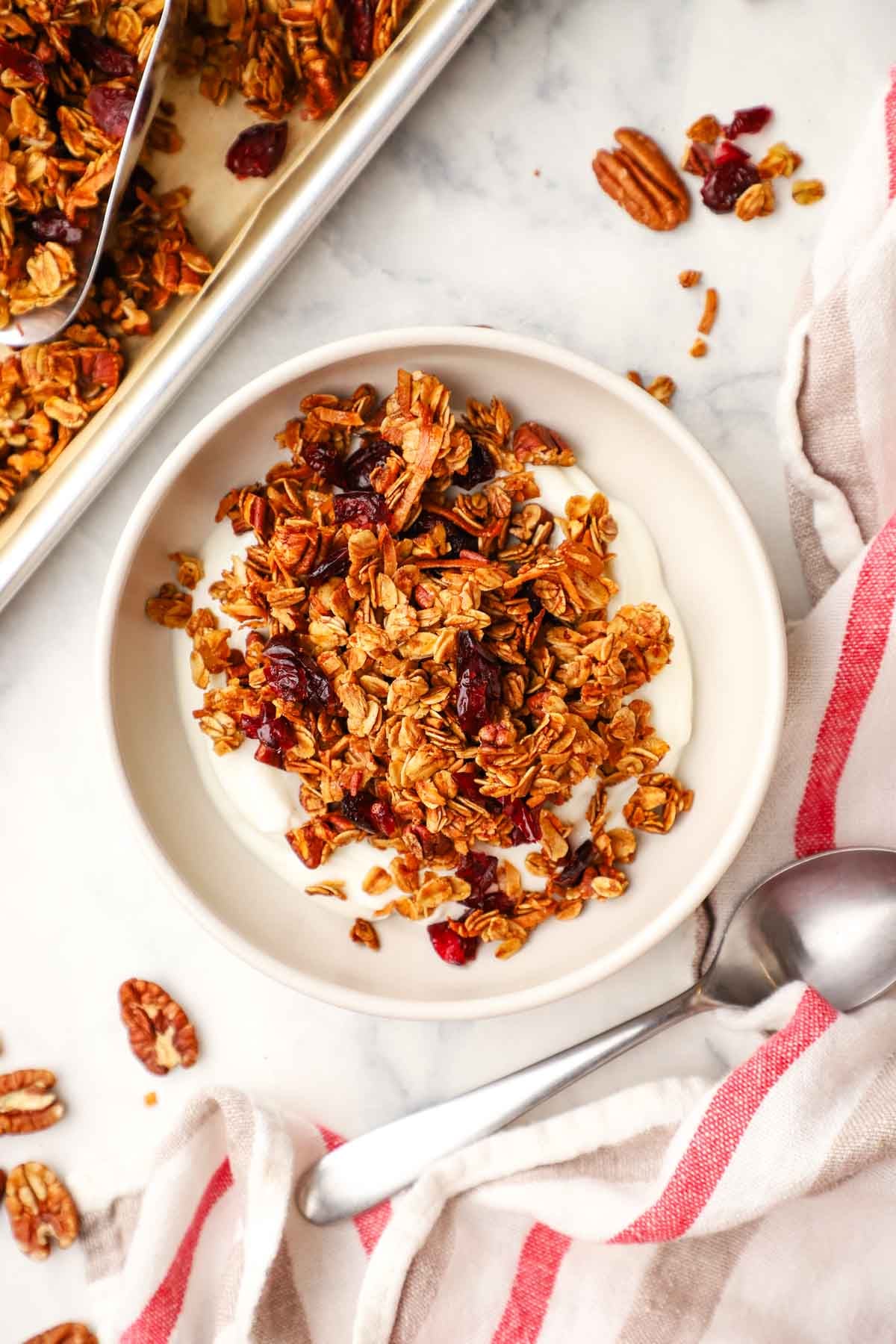 overhead view of a bowl of yogurt served with gingerbread granola