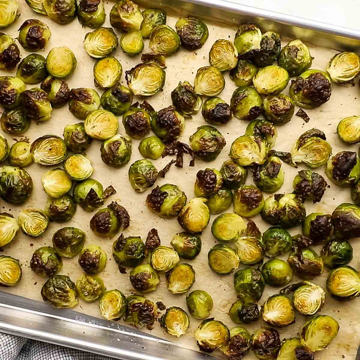 roasted Brussels aprouts on a baking sheet