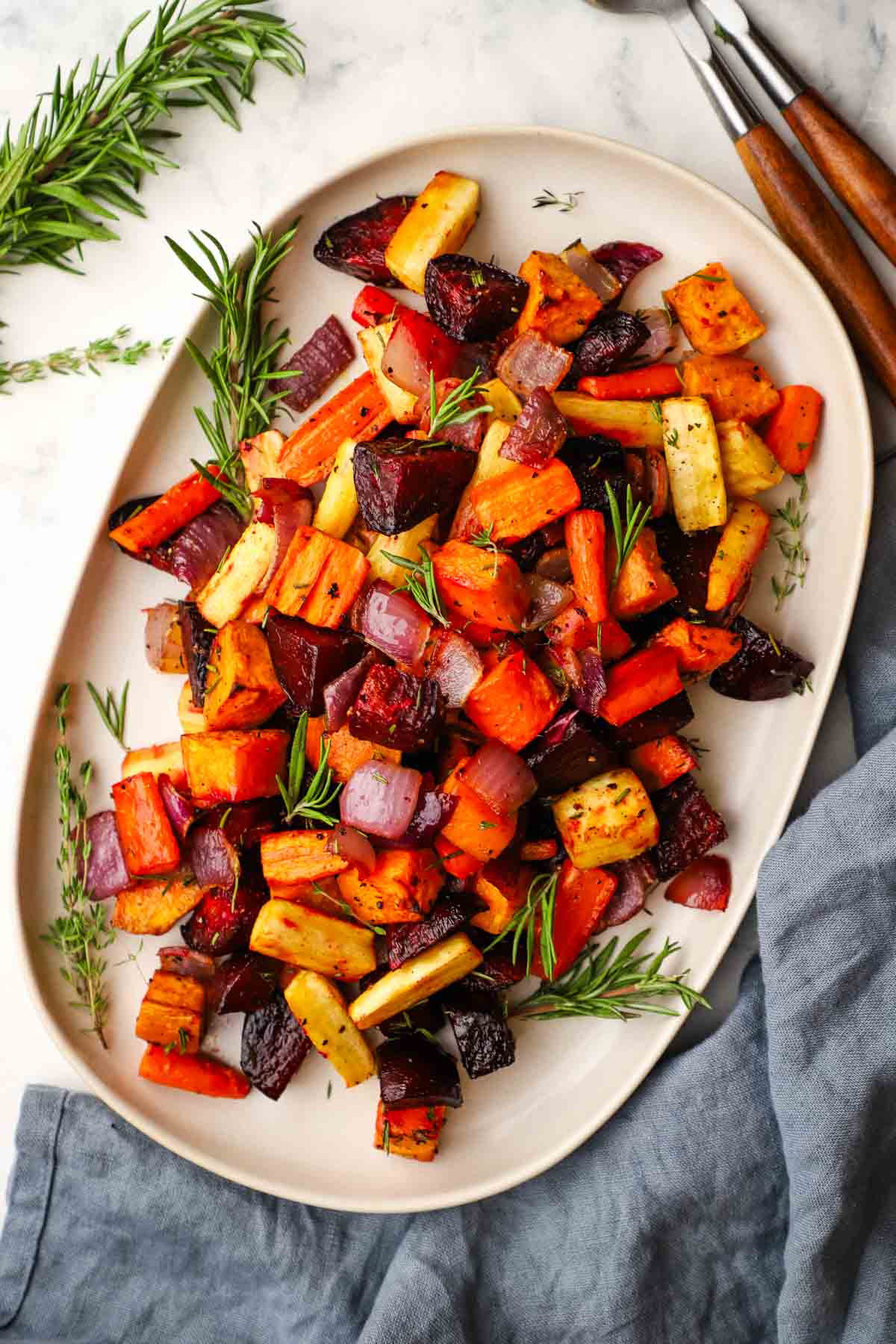 overhead view of a serving dish with roasted root vegetables