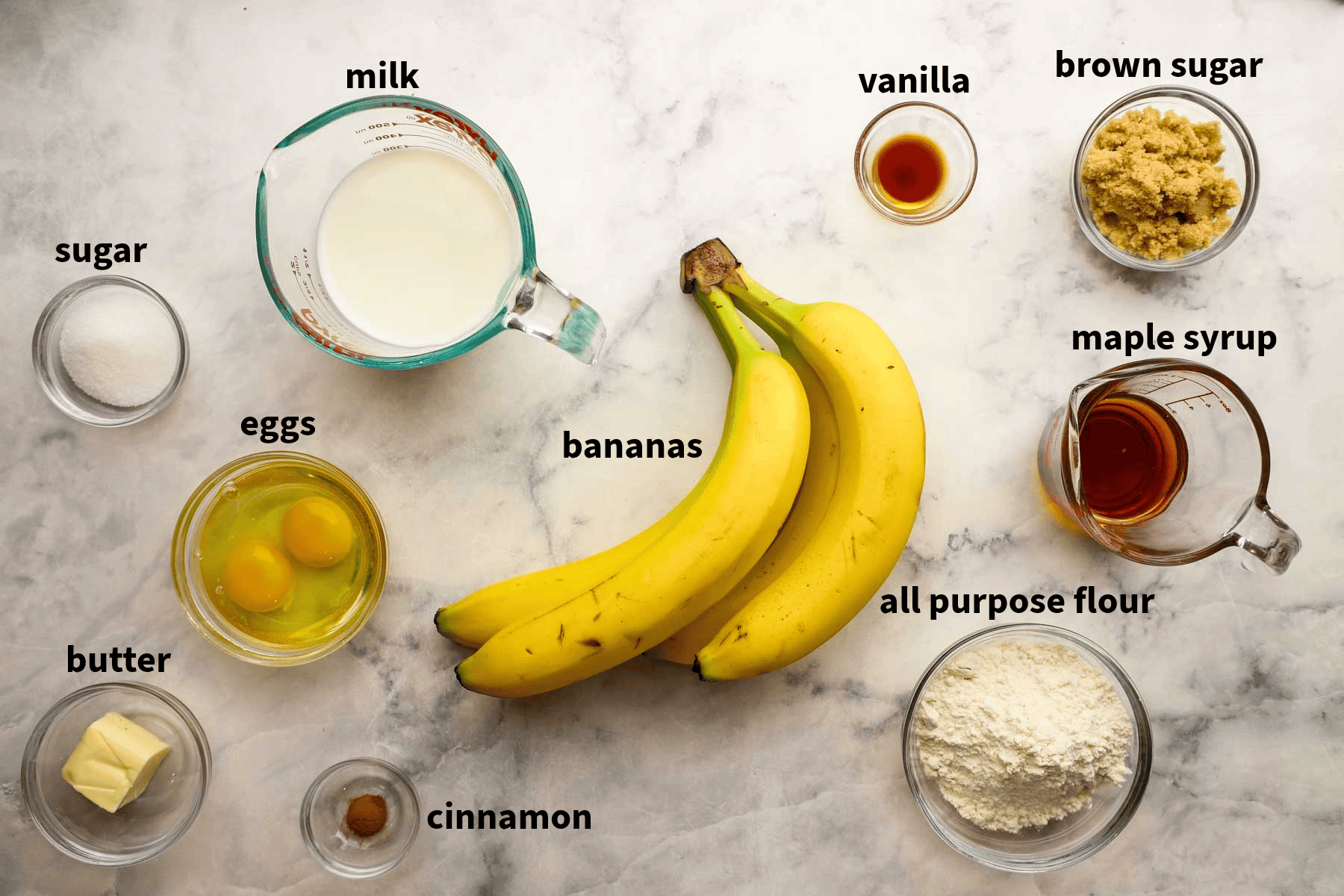 ingredients used to make banana foster crepes pictures and labelled