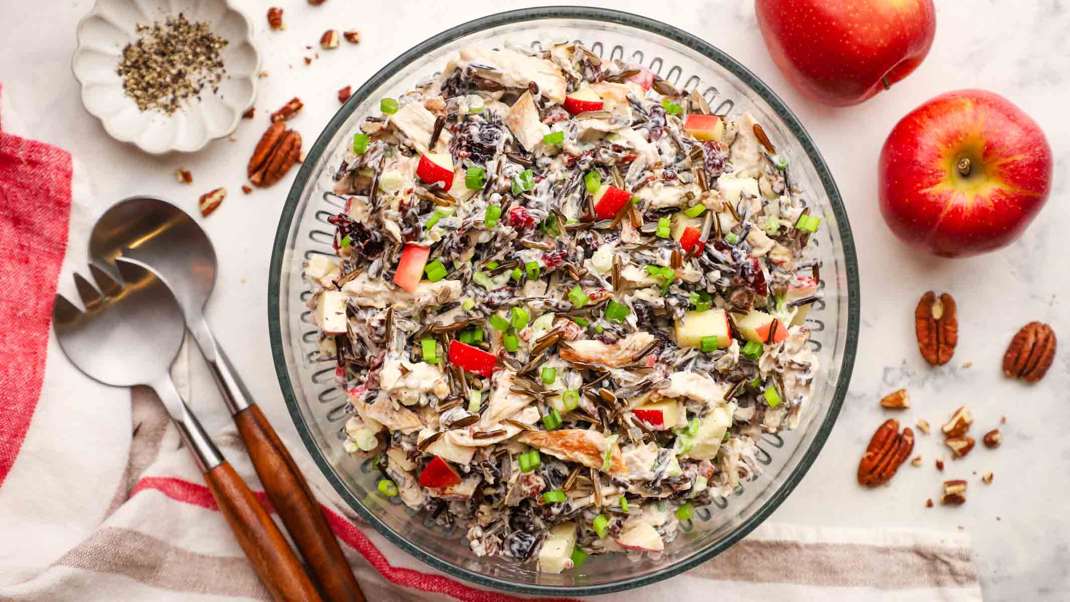 a bowl of chicken and wild rice salad