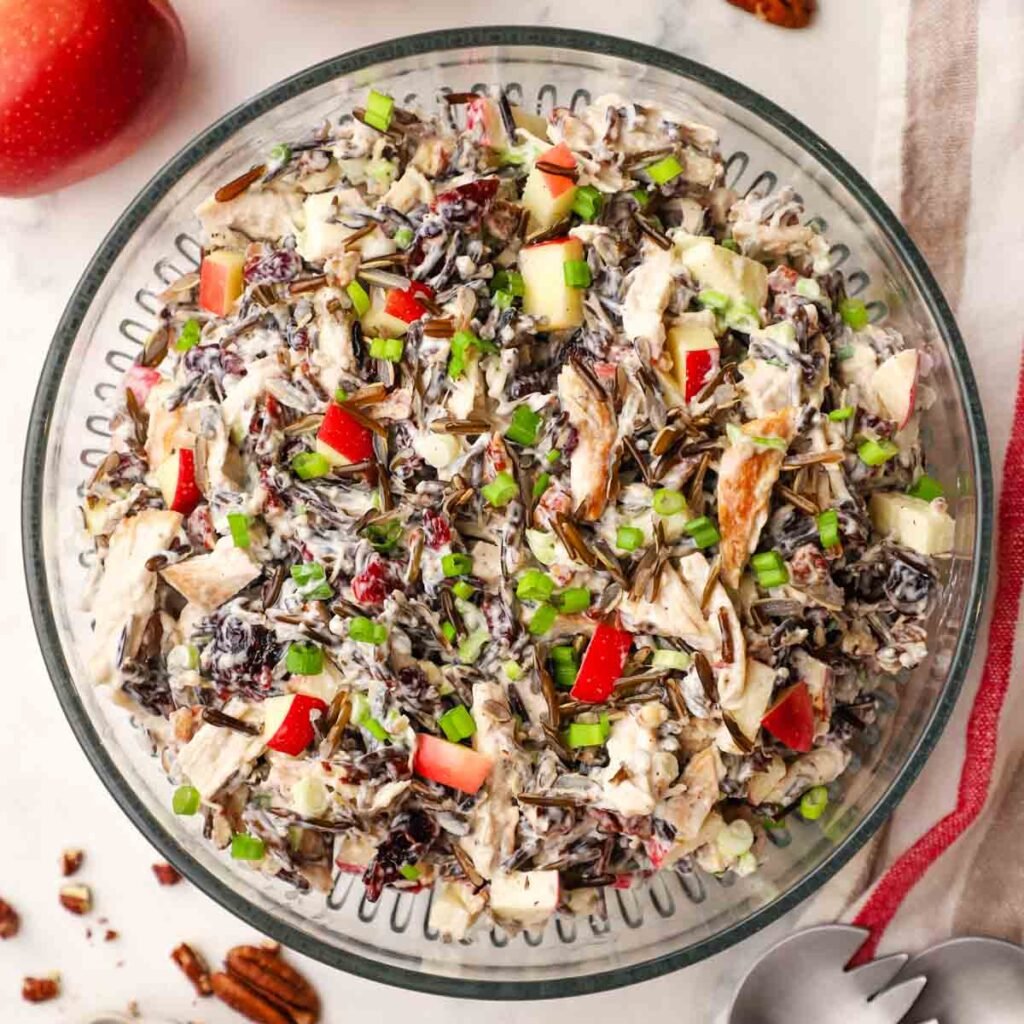 a bowl of chicken and wild rice salad