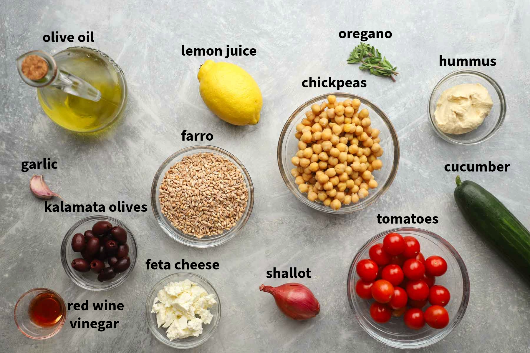 ingredients used to make farro bowls pictured and labelled