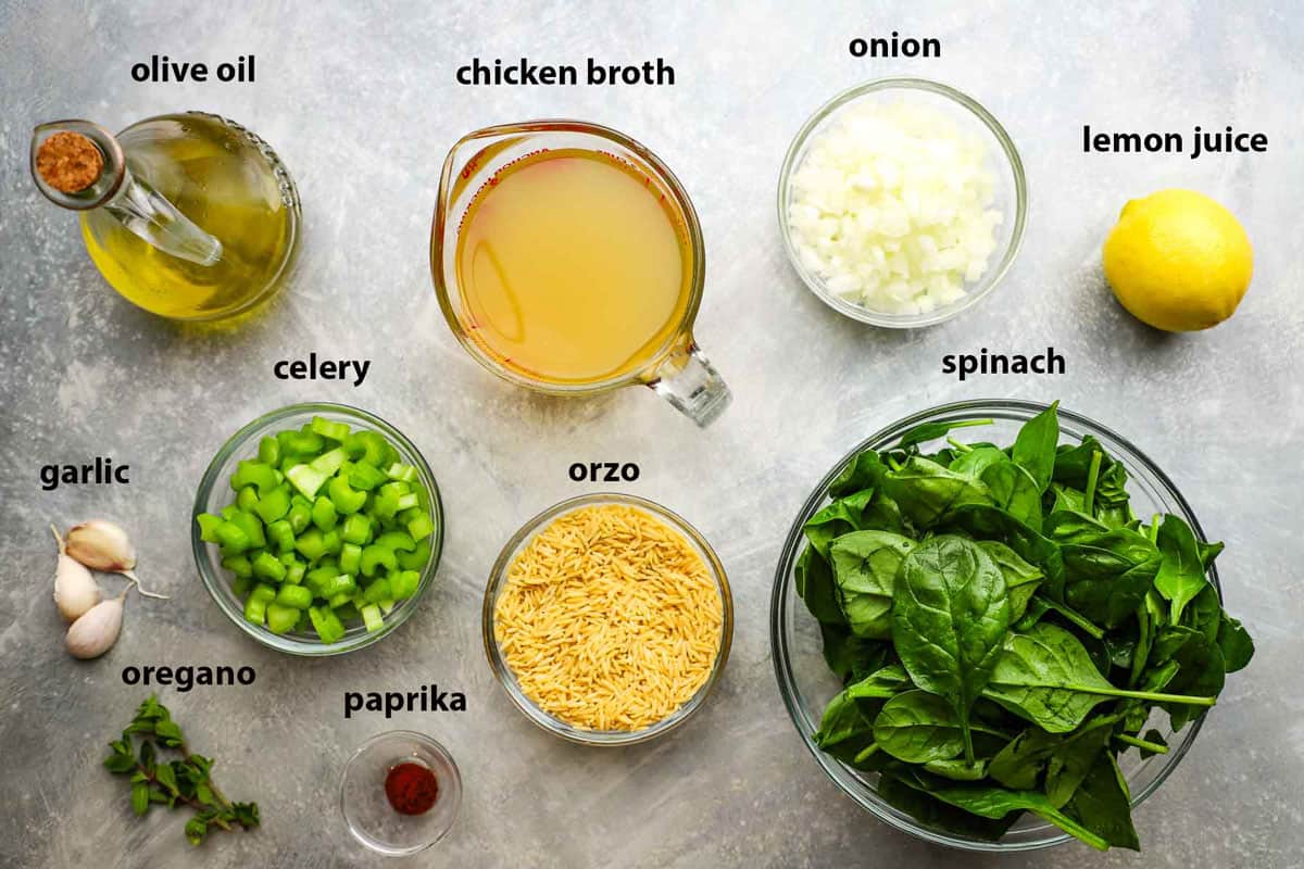 Portioned and labeled ingredients to make chicken meatball soup.