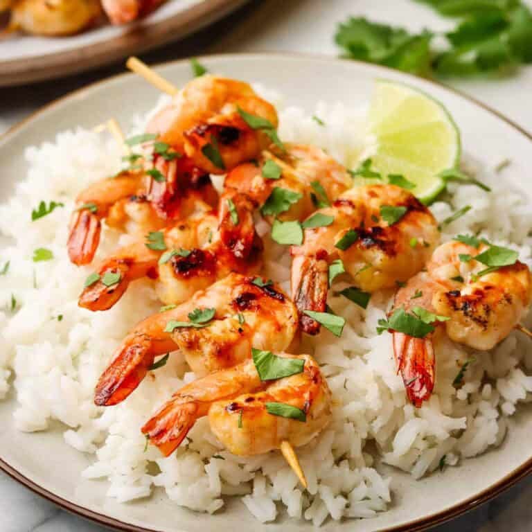 shrimp skewers served over a bed of rice on a plate