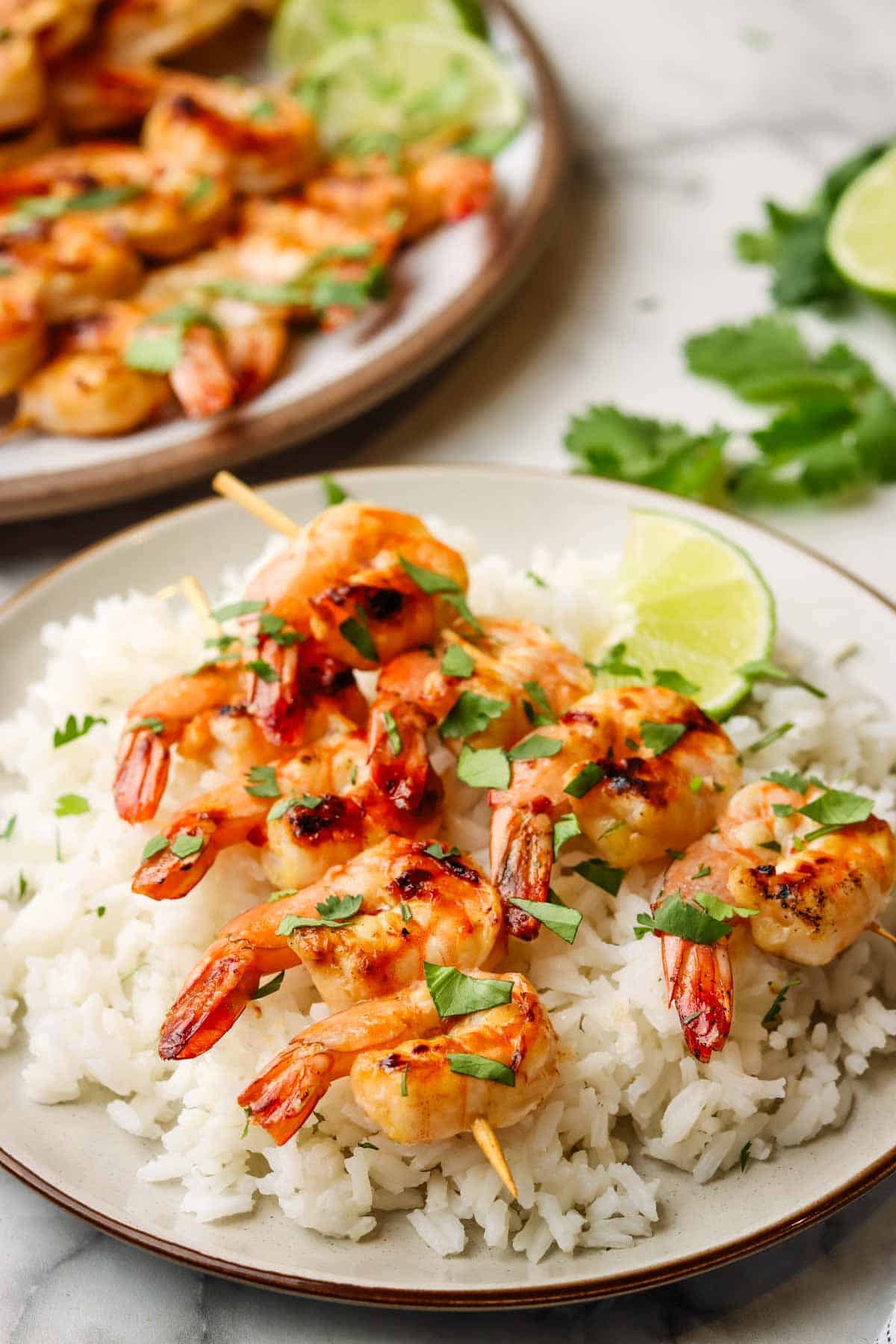 shrimp skewers served over a bed of rice on a plate