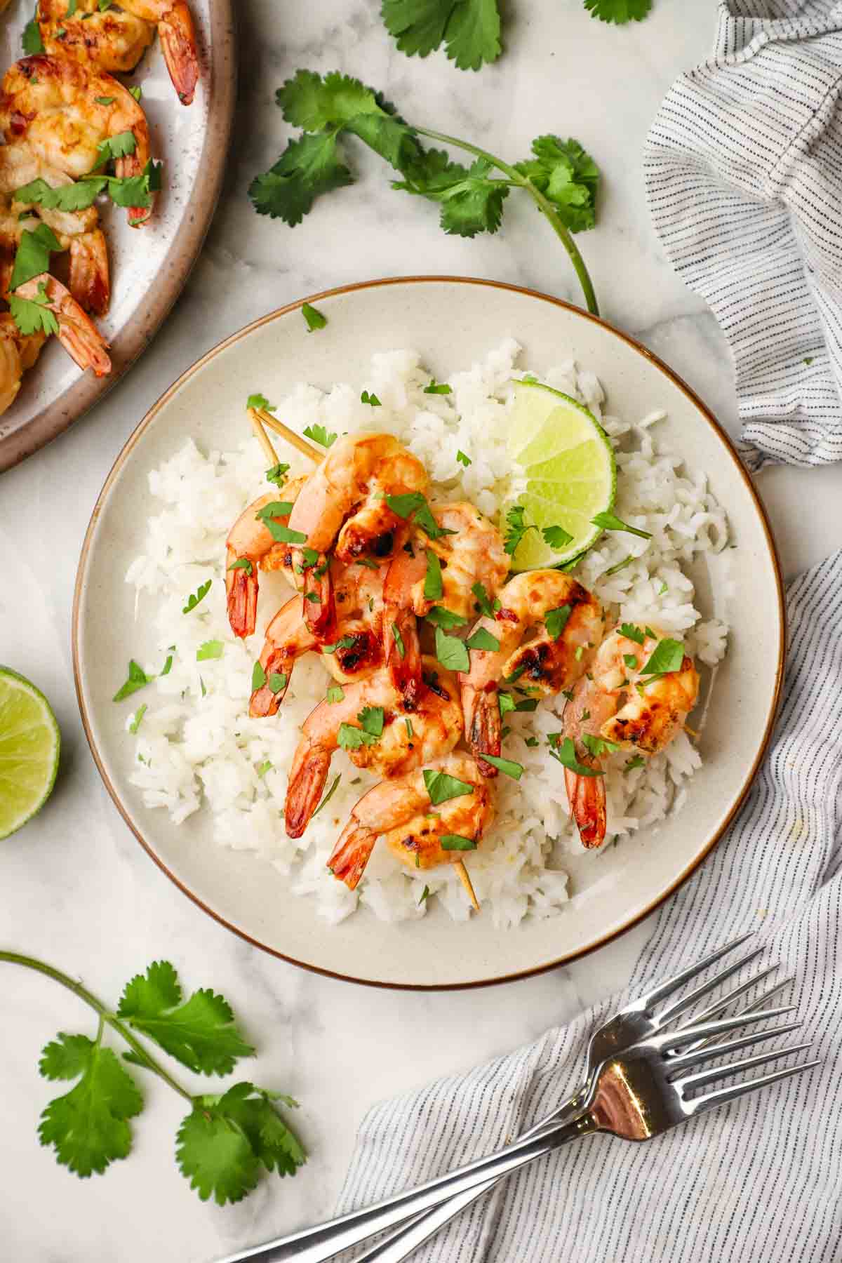 overhead view of a plate with shrimp skewers served over rice
