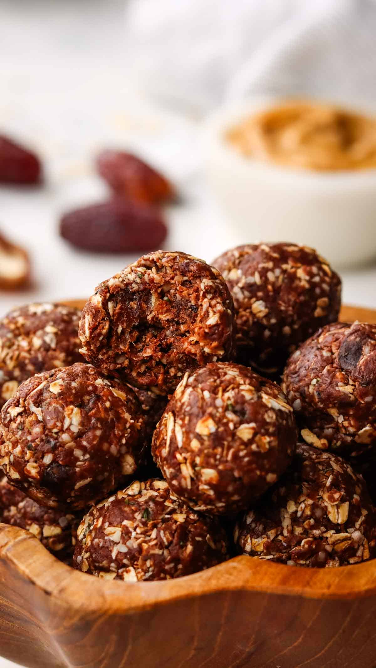 A bowl of chocolate peanut butter protein balls.