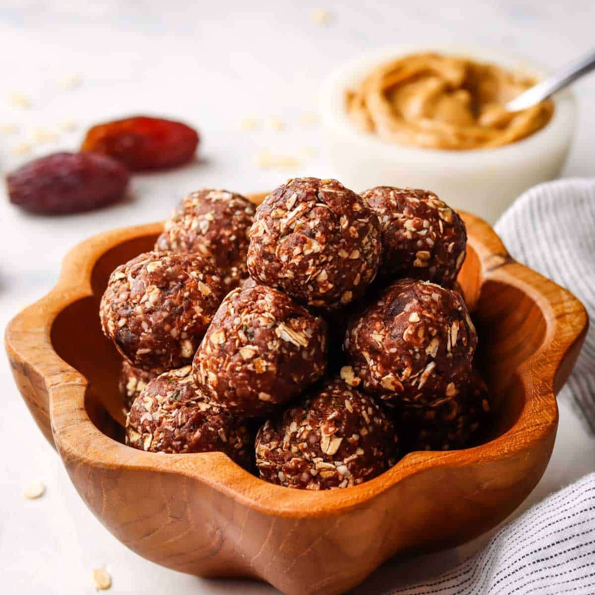 A bowl of chocolate peanut butter protein balls.