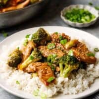 A plate with a pork and broccoli stir fry over white rice.