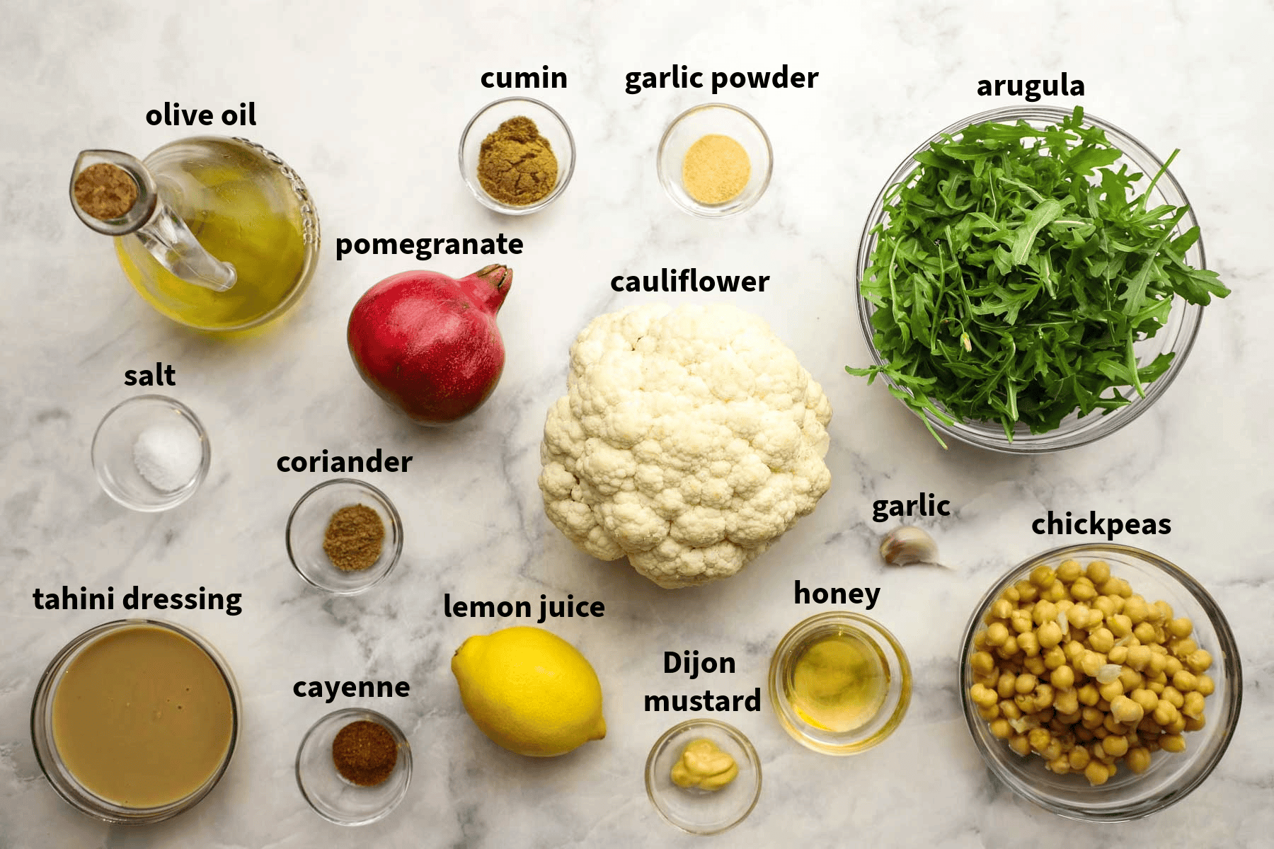 ingredients used to make roasted cauliflower salad pictured and labelled