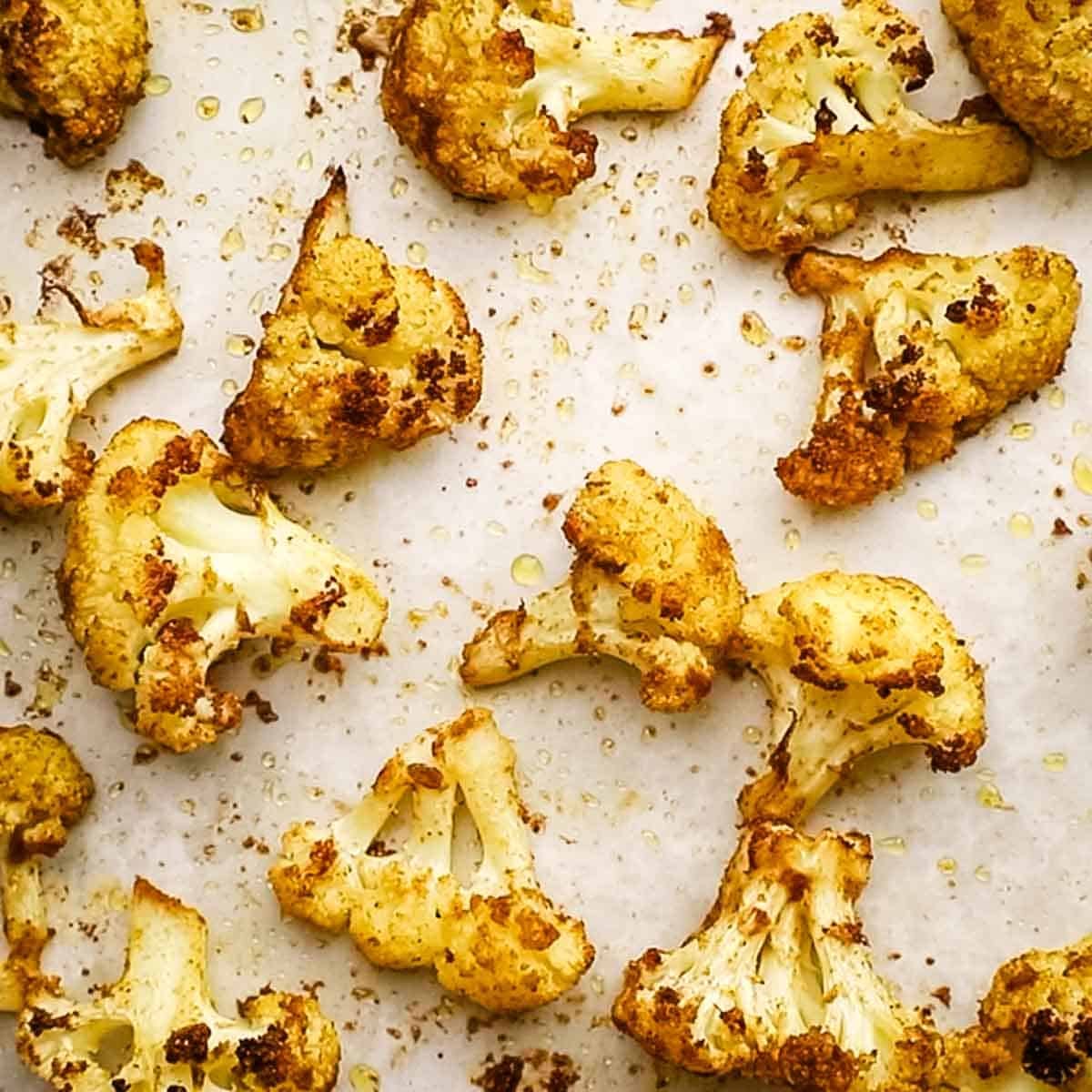 roasted cauliflower florets out of the oven