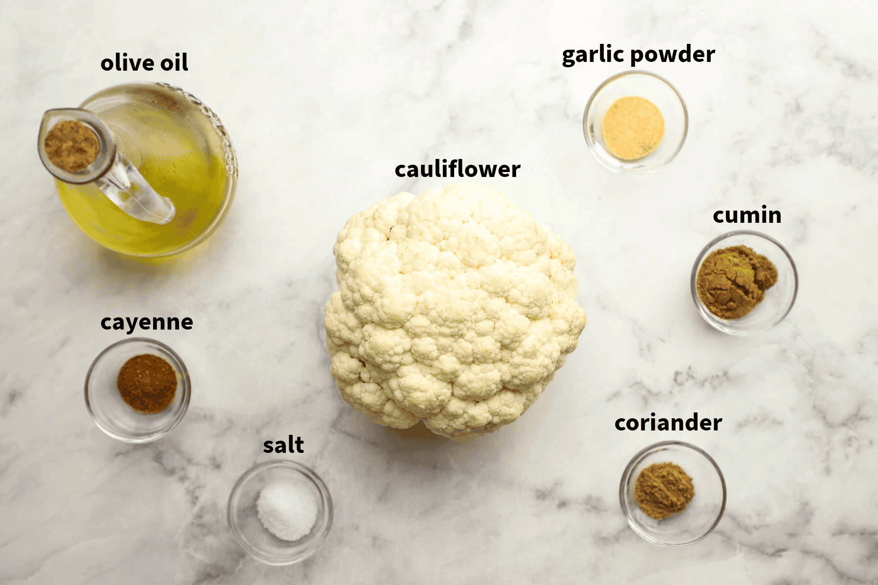 ingredients used to make roasted cauliflower pictured and labelled