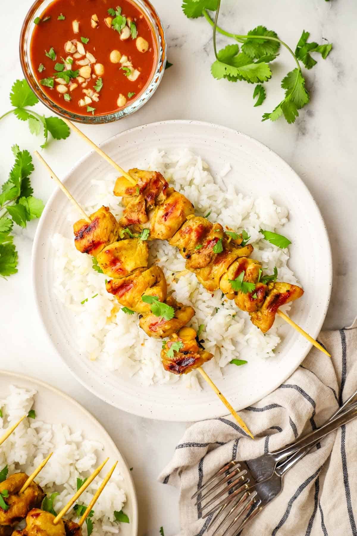 Plated chicken skewers with rice.