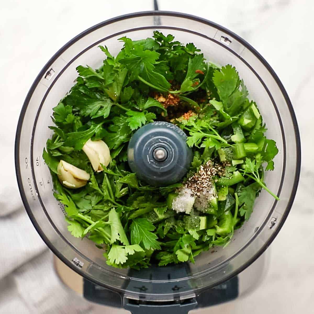 ingredients for cilantro chimichurri in a food processor
