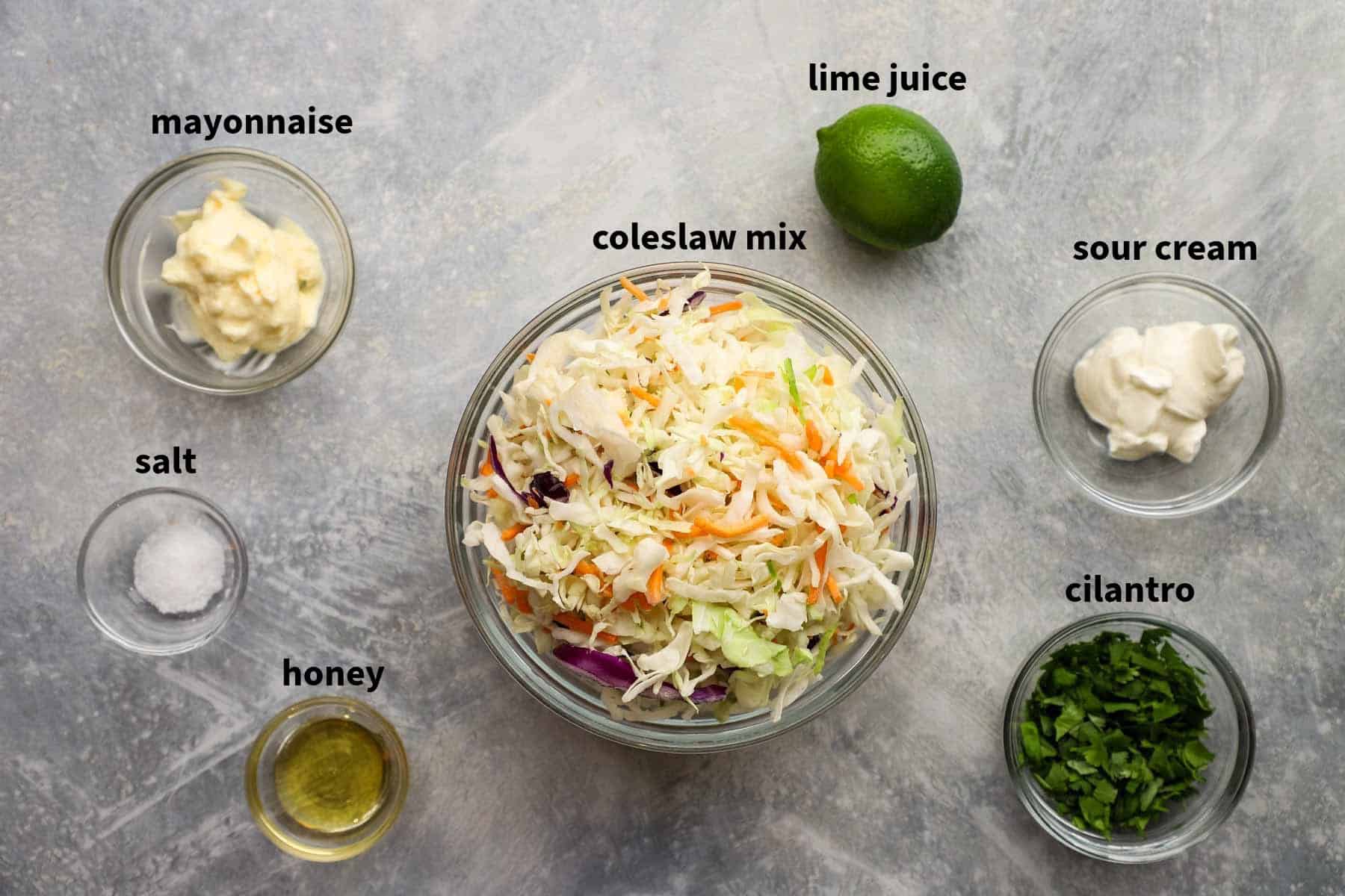 ingredients used to make the slaw for tacos labelled 
