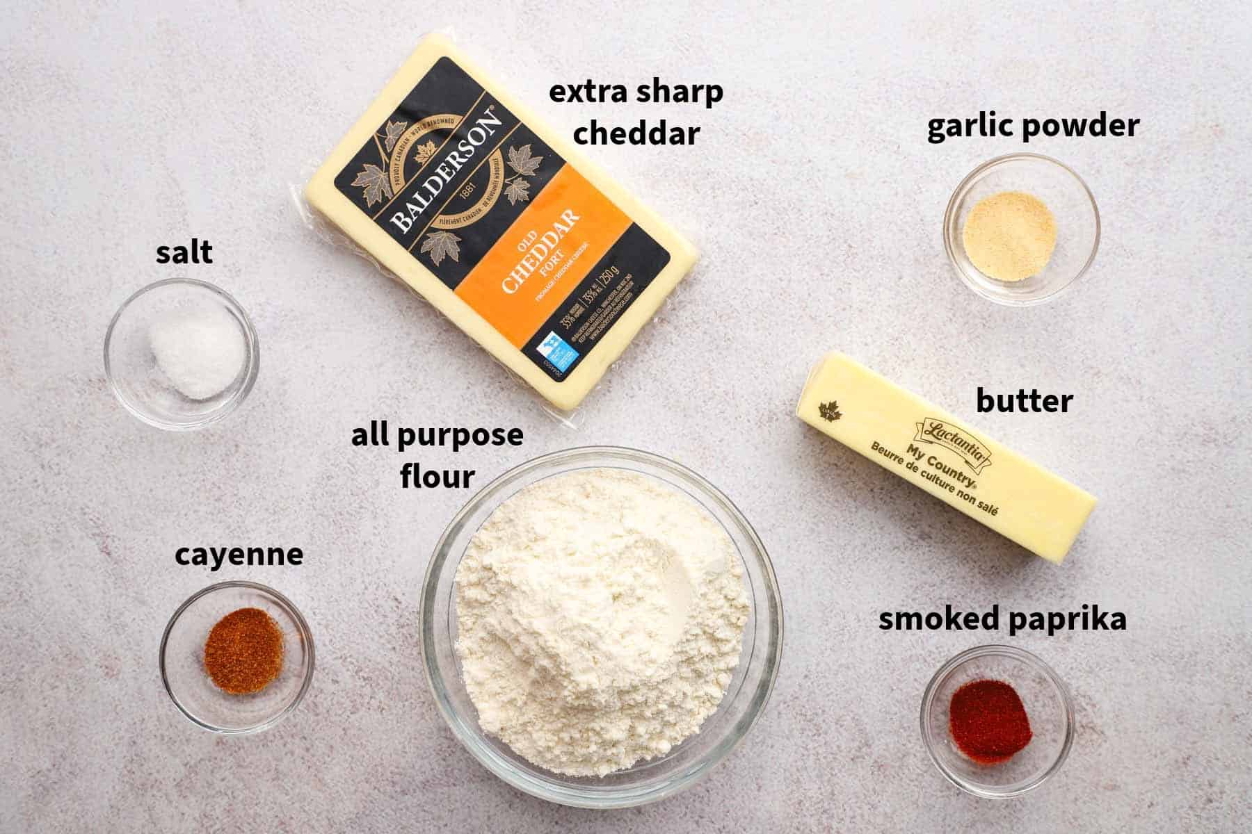 ingredients used to make spicy cheese straws pictured and labelled