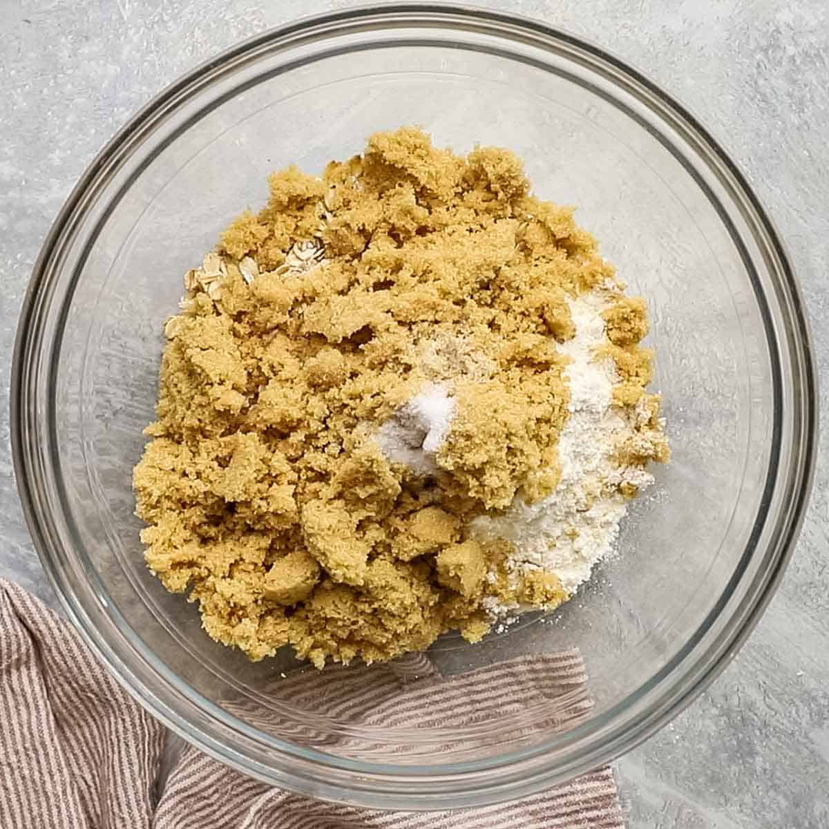flour, sugar, oats, and salt in a bowl for the crumble topping