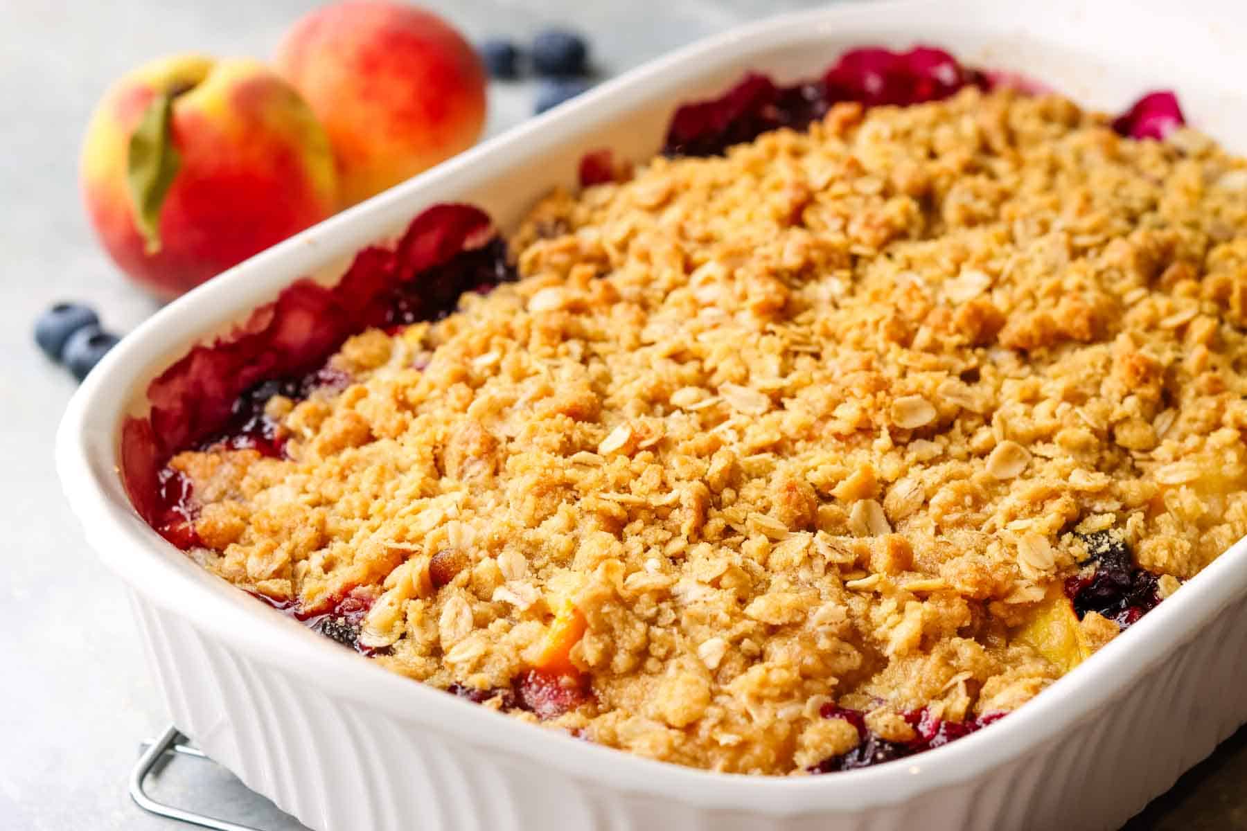 a baked peach blueberry crumble.