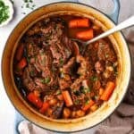 overhead view of a pot of braised beef
