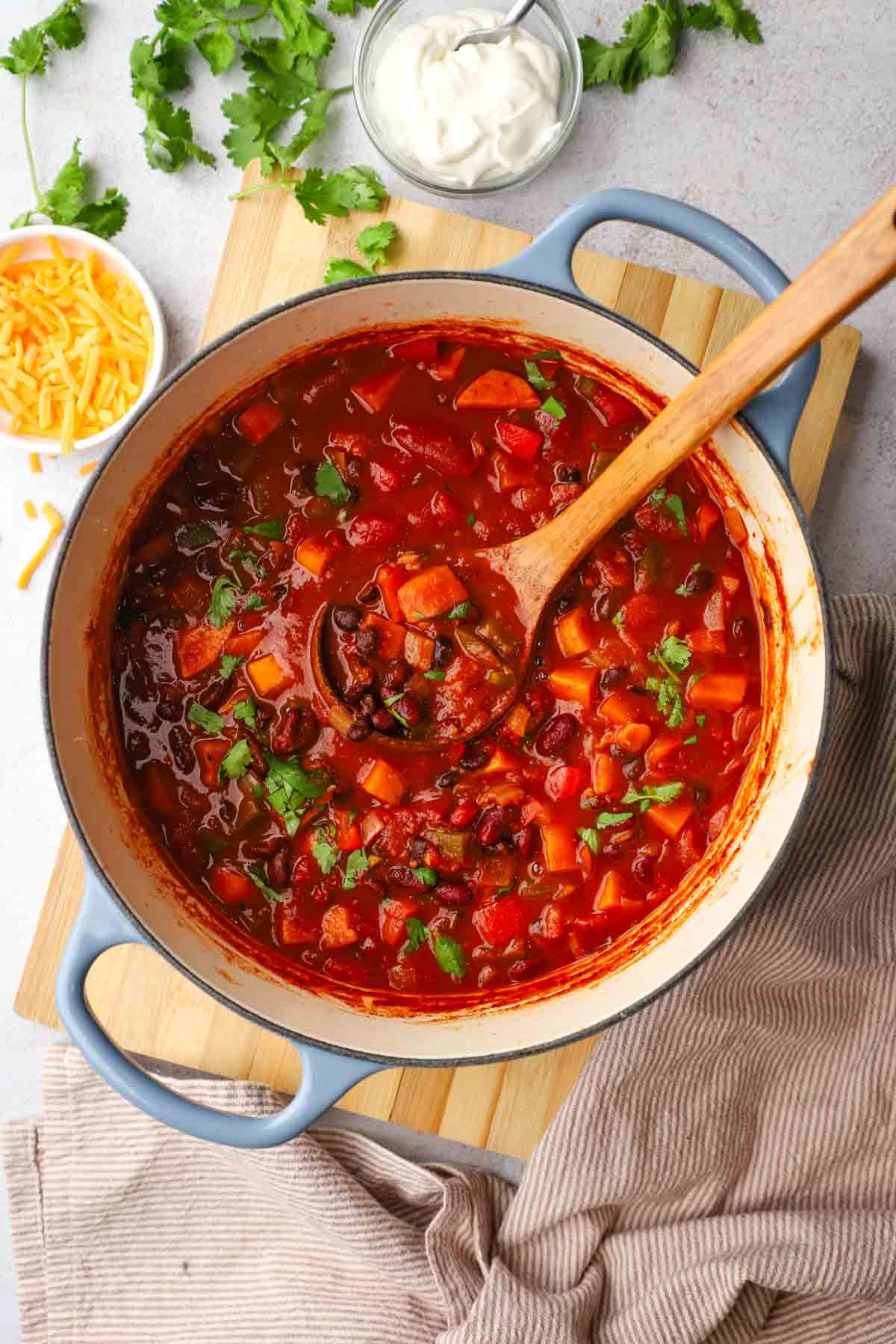 overhead view of a pot of sweet potato chili