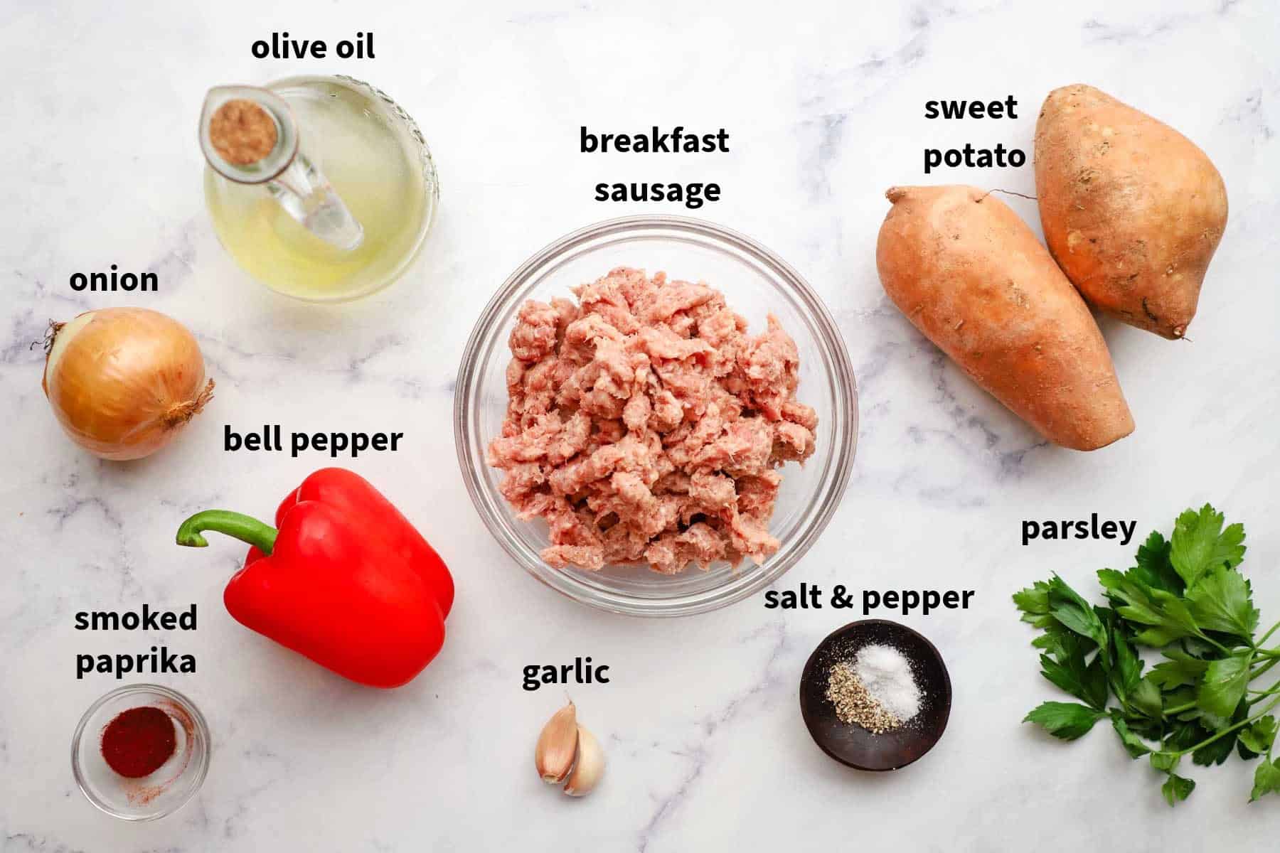 ingredients used to make sweet potato and sausage hash